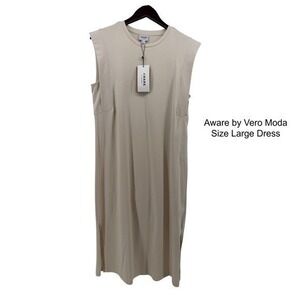 Aware by Vero Moda Birch Beige Organic Cotton Padded Shoulder Midi Dress Large